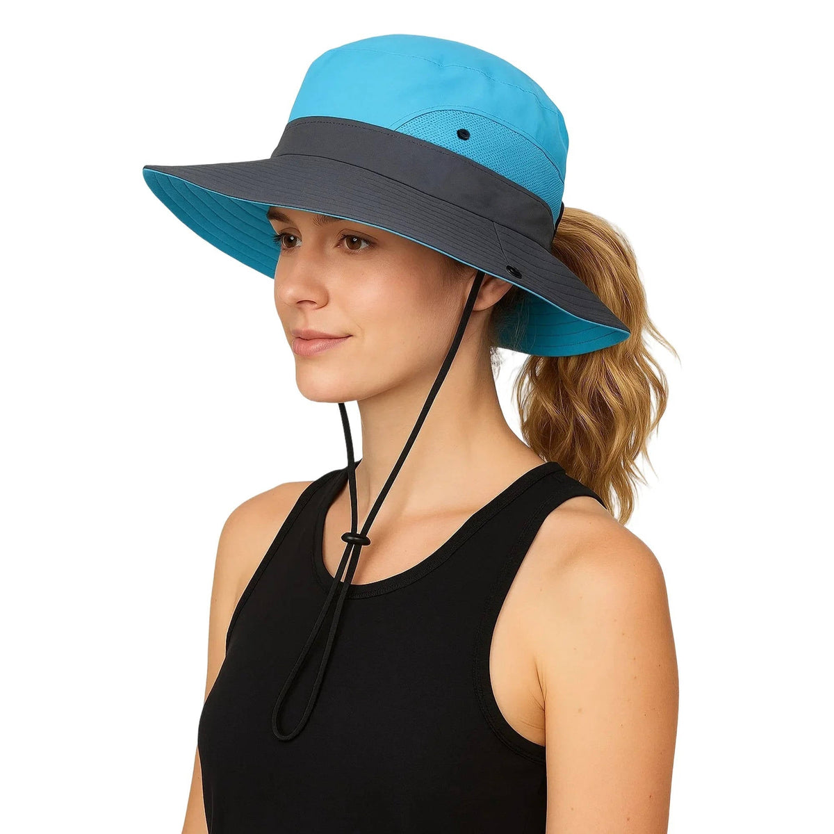 Packable Bucket Hat with UV Protection for Men and Women, Adjustable Chin Strap and Ponytail Opening for Outdoor Activities