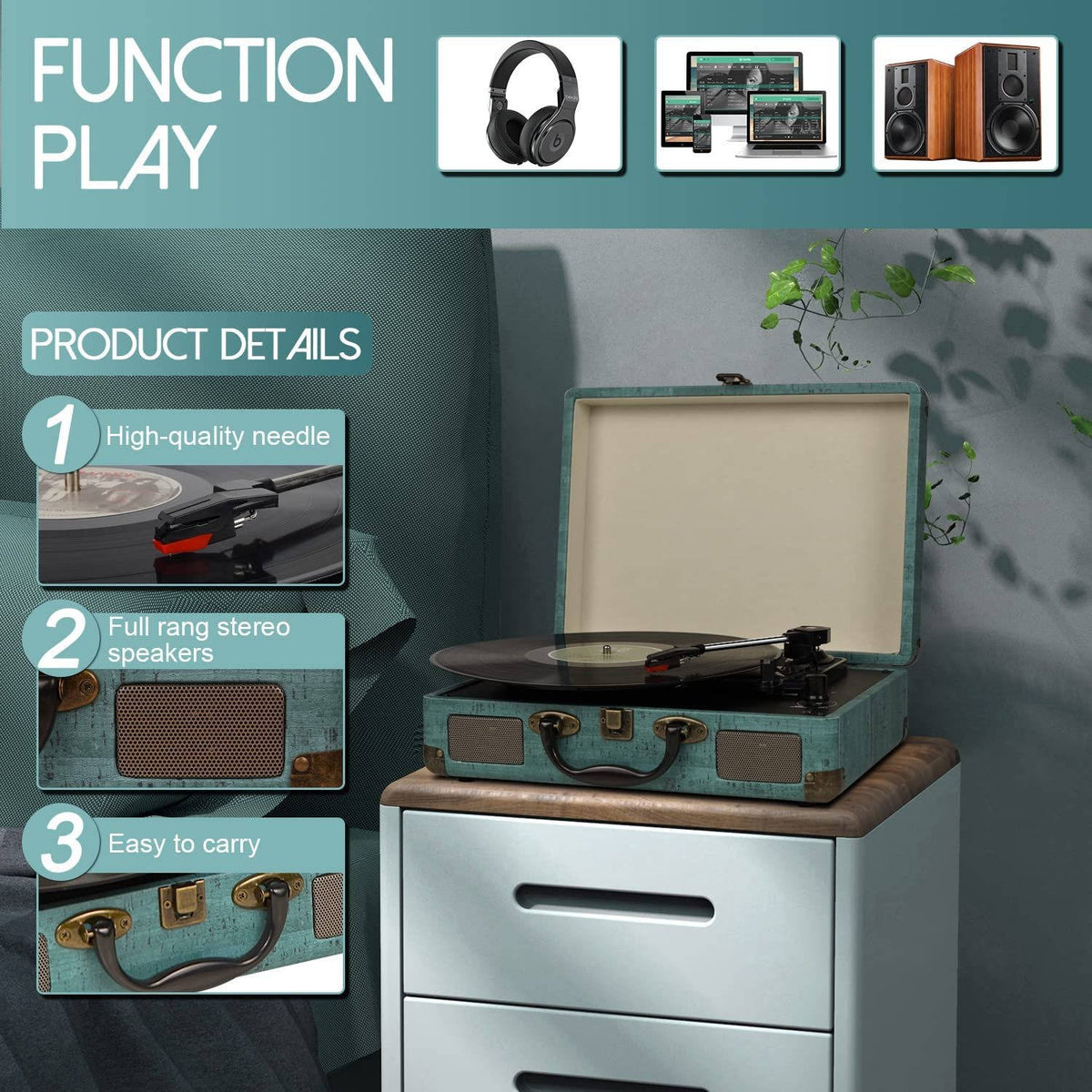 Retro Bluetooth Turntable with Built-In Speakers - 3 Speed