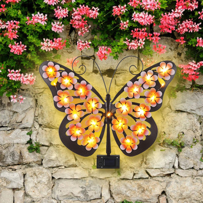 Metal Butterfly Wall Art with Solar-Powered LED Lights