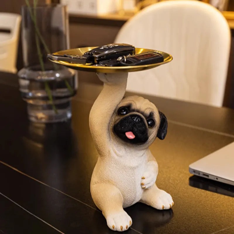 Pug Figurine with Decorative Gold Serving Tray