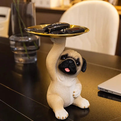 Pug Figurine with Decorative Gold Serving Tray