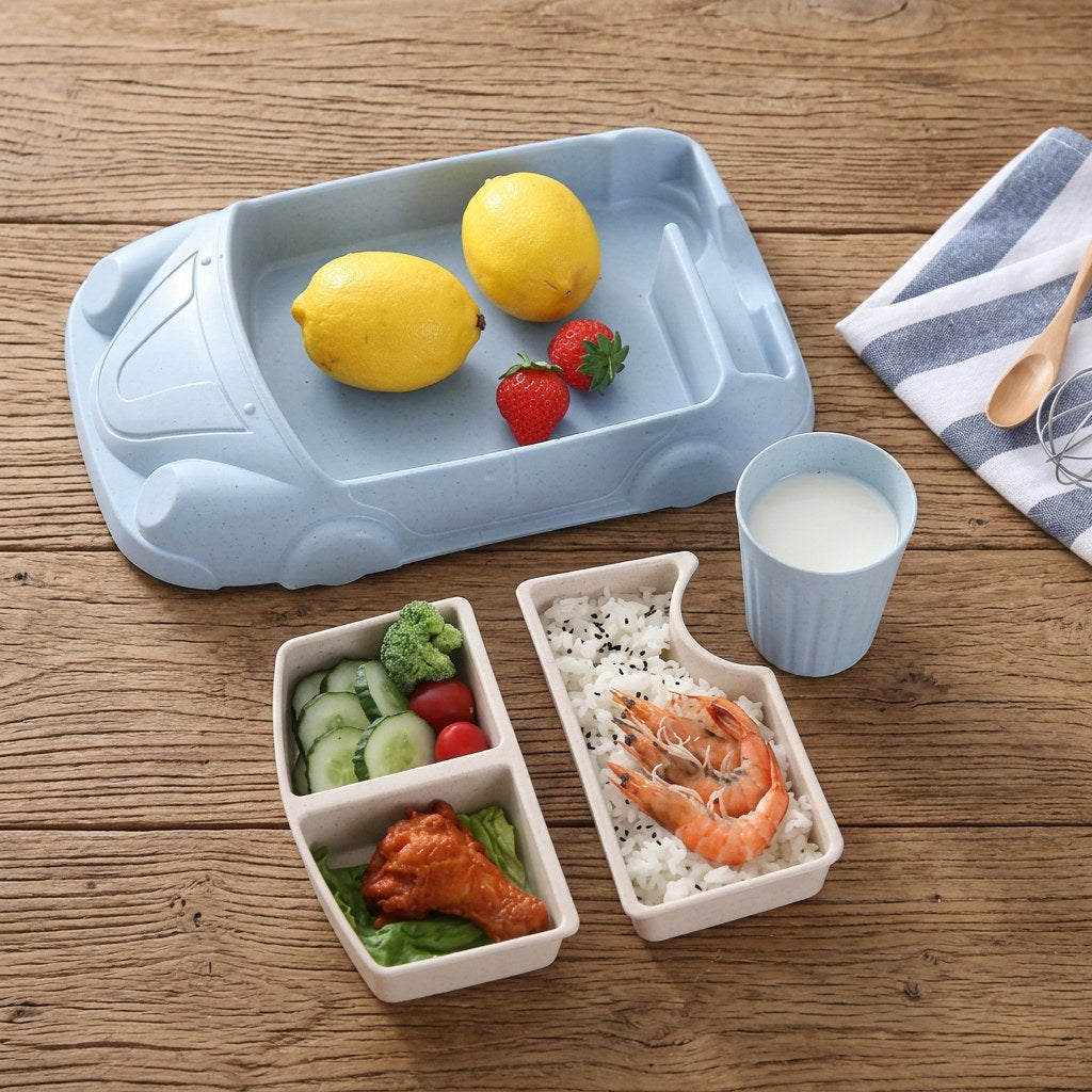 Kids Plate Set Featuring Car Design with Matching Cup