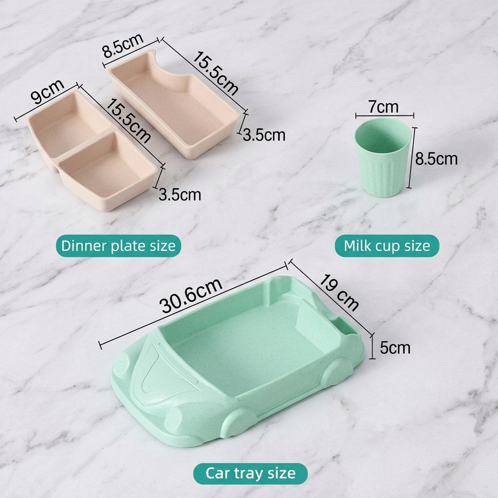Kids Plate Set Featuring Car Design with Matching Cup