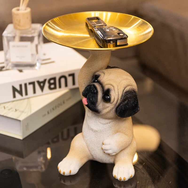 Pug Figurine with Decorative Gold Serving Tray