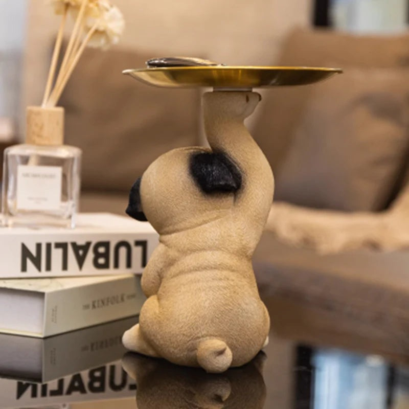 Pug Figurine with Decorative Gold Serving Tray