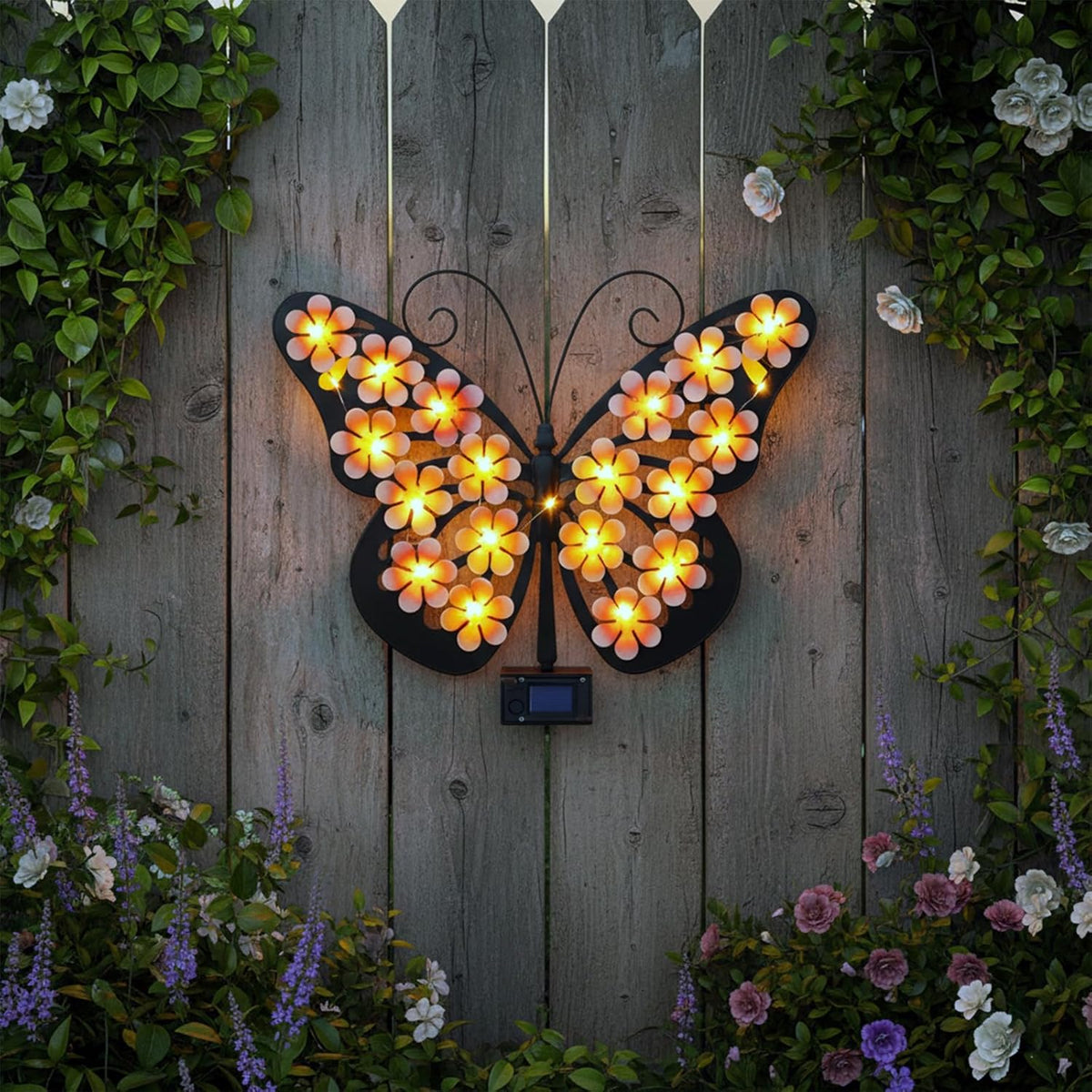 Metal Butterfly Wall Art with Solar-Powered LED Lights