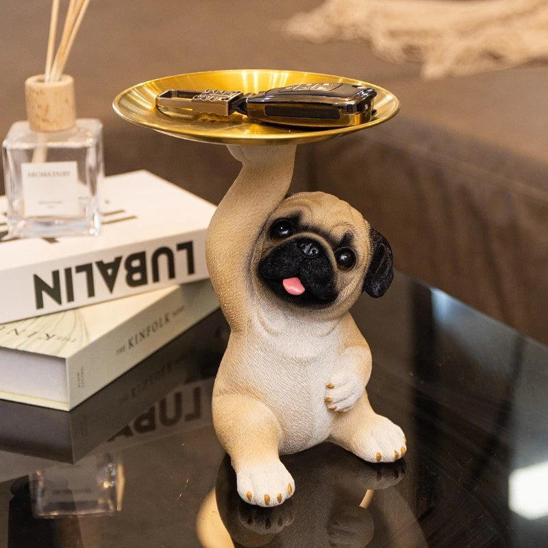 Pug Figurine with Decorative Gold Serving Tray
