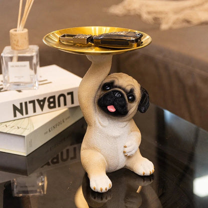 Pug Figurine with Decorative Gold Serving Tray