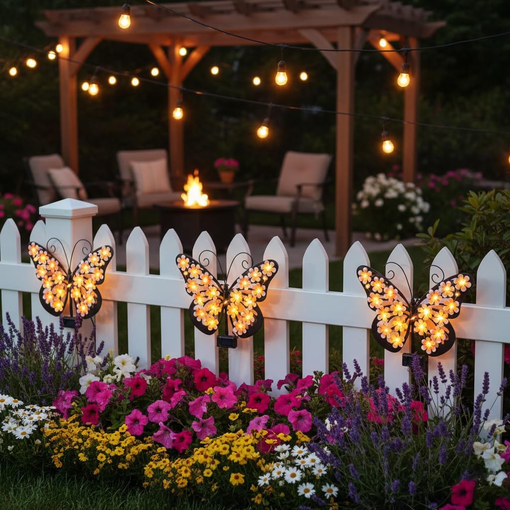 Metal Butterfly Wall Art with Solar-Powered LED Lights