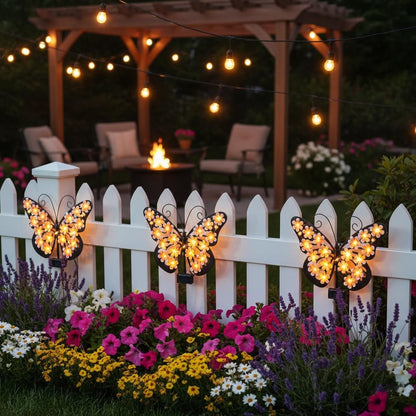 Metal Butterfly Wall Art with Solar-Powered LED Lights