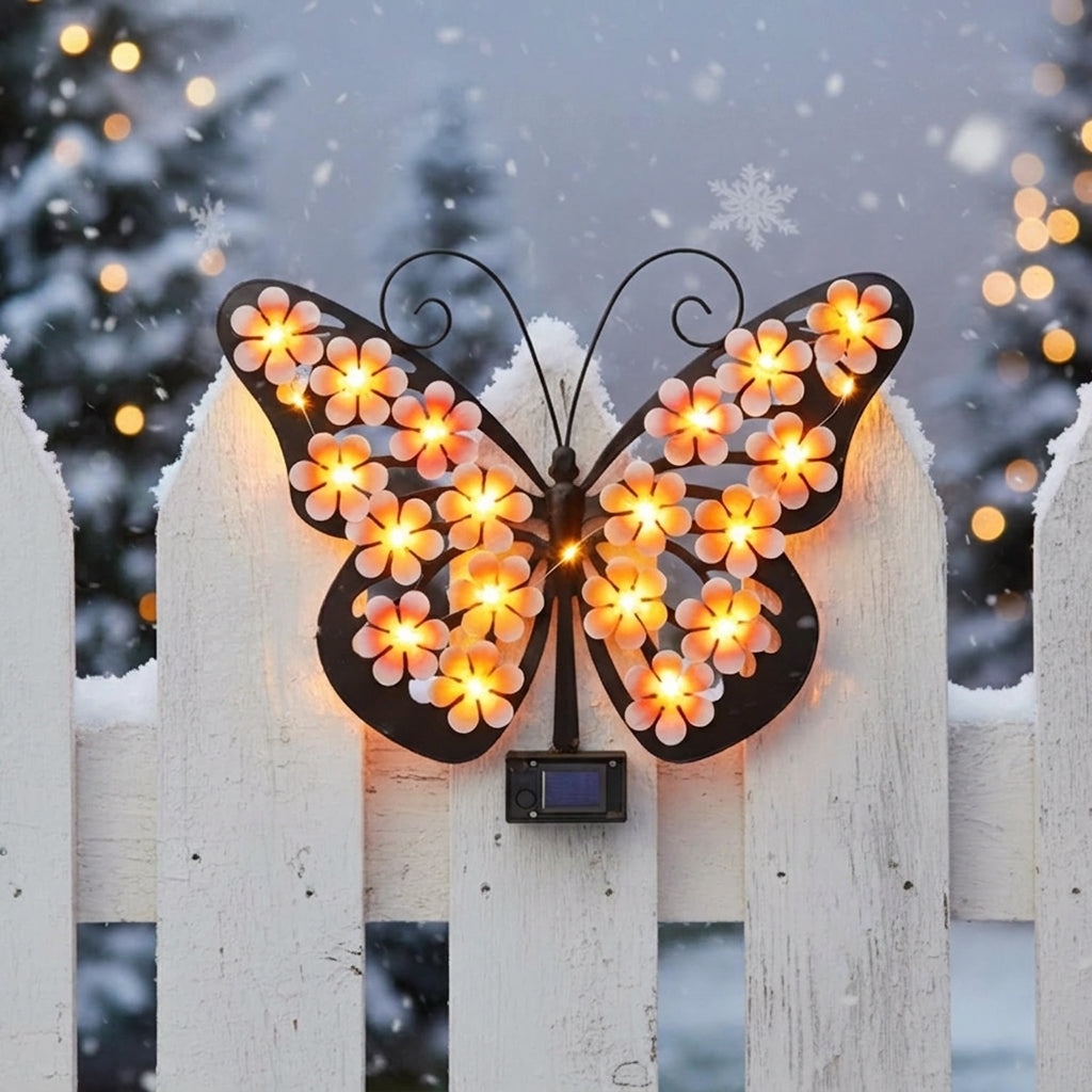 Metal Butterfly Wall Art with Solar-Powered LED Lights