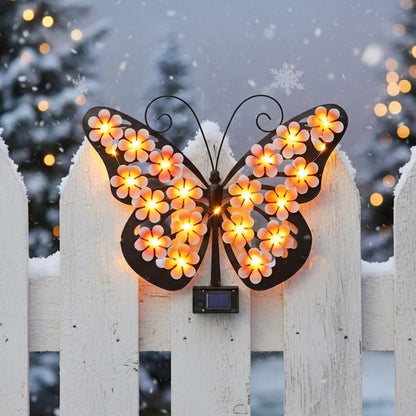 Metal Butterfly Wall Art with Solar-Powered LED Lights
