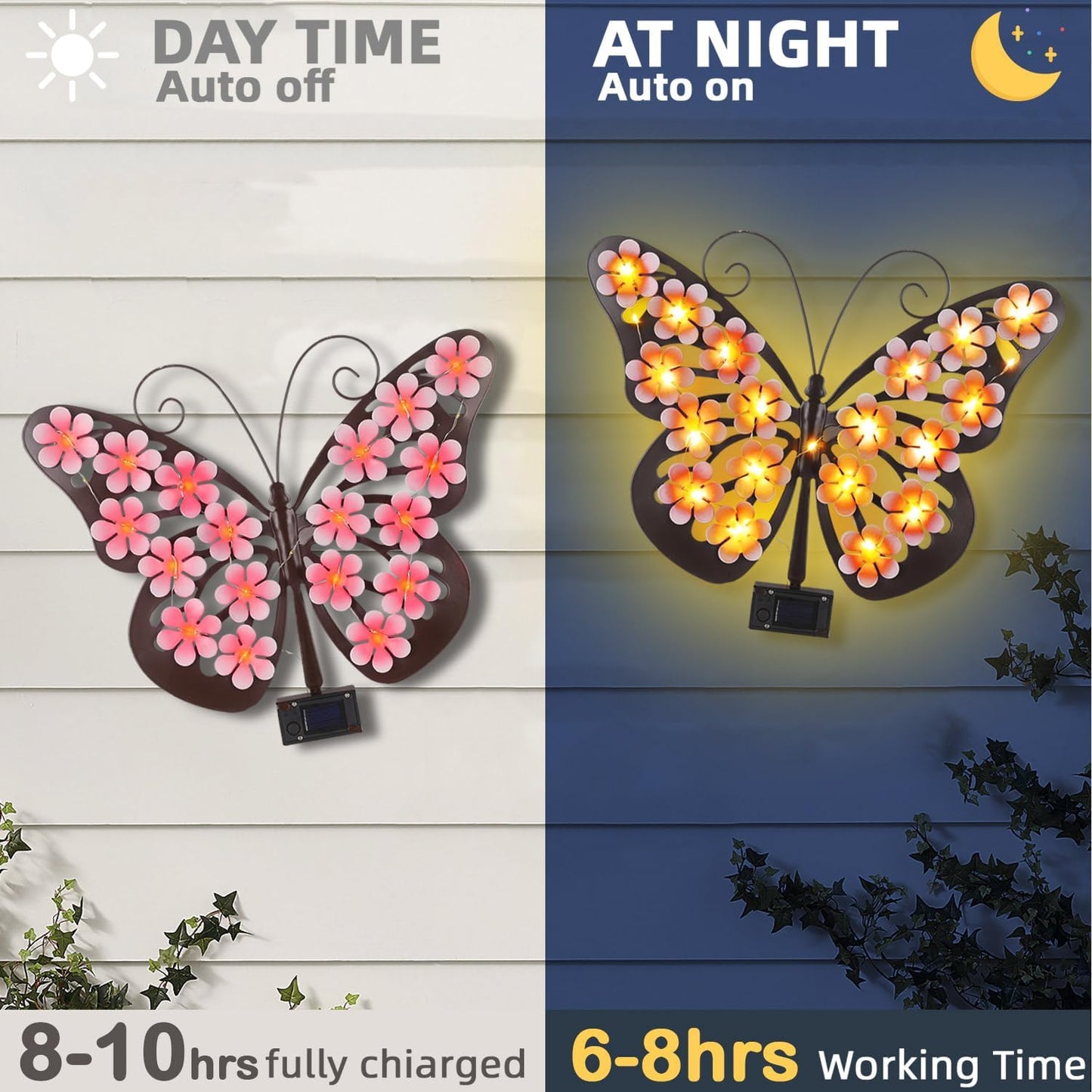 Metal Butterfly Wall Art with Solar-Powered LED Lights