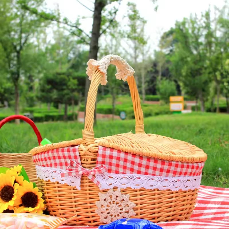 Handwoven Oval Willow Picnic Basket with Washable Cotton Liner and Double Lids for Storage