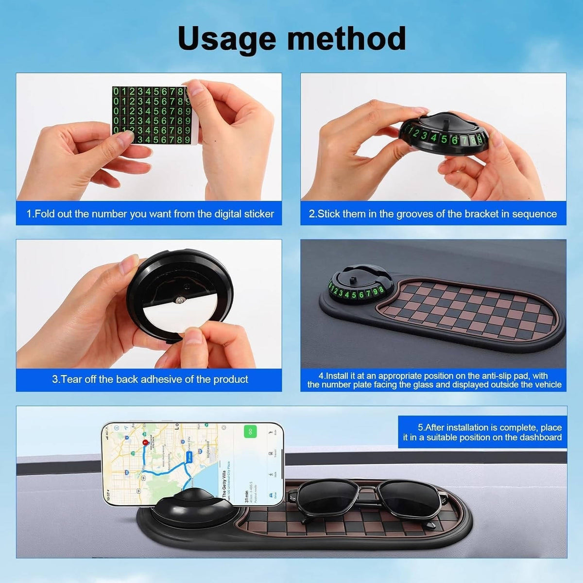 360-Degree Rotating Dashboard Phone Mount with Storage Tray and Anti-Slip Grip