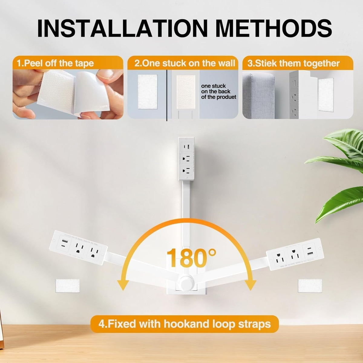 Adjustable Power Outlet Extender with 180° Swivel and USB Ports