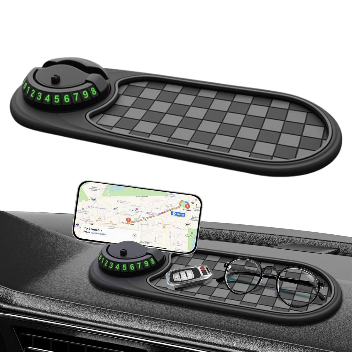 360-Degree Rotating Dashboard Phone Mount with Storage Tray and Anti-Slip Grip