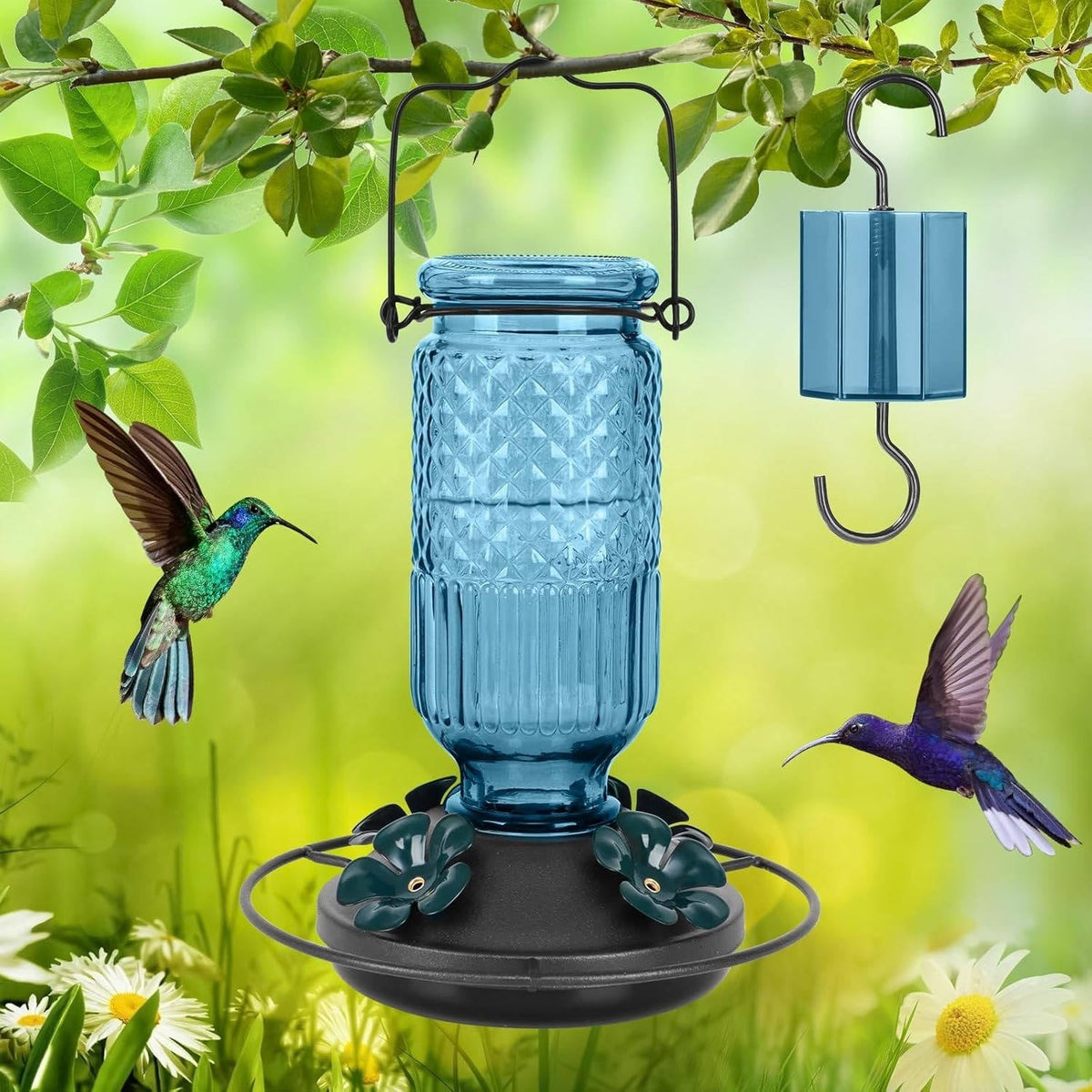 Elegant 16 OZ Nectar Feeder for Hummingbirds with Bee Shields & Ant Moat