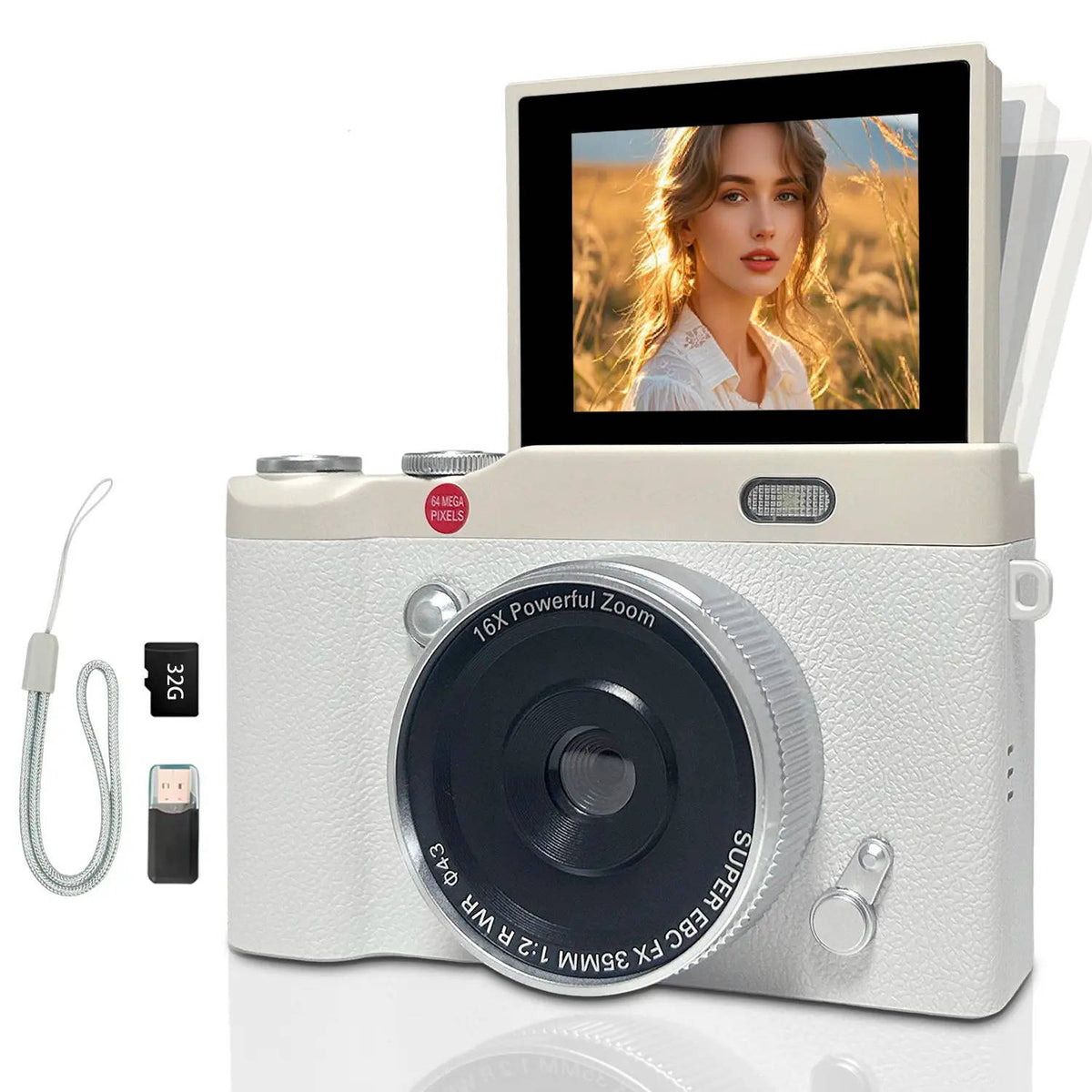 Compact Selfie Camera with 180° Flip Screen and 32GB Card