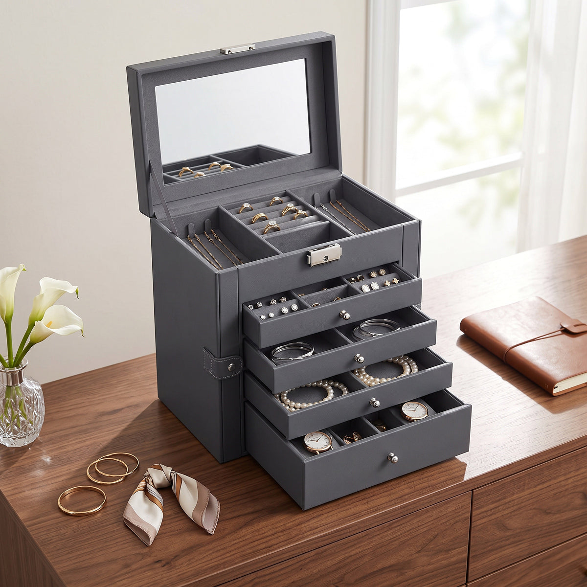 Elegant 6-Tier Jewelry Organizer with Mirror and Lock