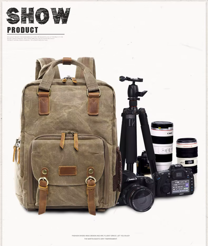 Men's Vintage Camera Backpack - Waterproof Waxed Canvas with Laptop Sleeve and Tripod Holder