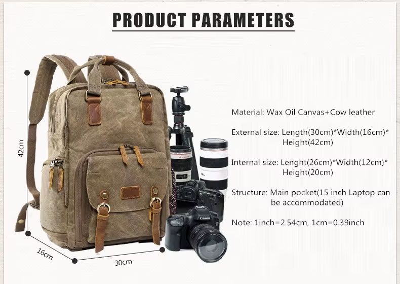 Men's Vintage Camera Backpack - Waterproof Waxed Canvas with Laptop Sleeve and Tripod Holder