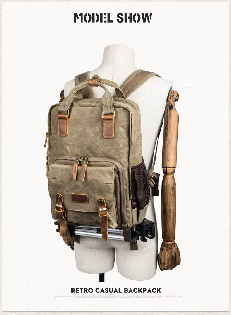 Men's Vintage Camera Backpack - Waterproof Waxed Canvas with Laptop Sleeve and Tripod Holder