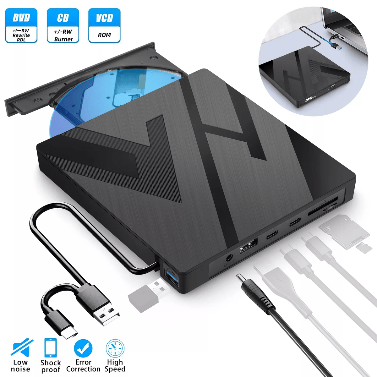 Versatile External Drive with SD Card Reader & USB Hub