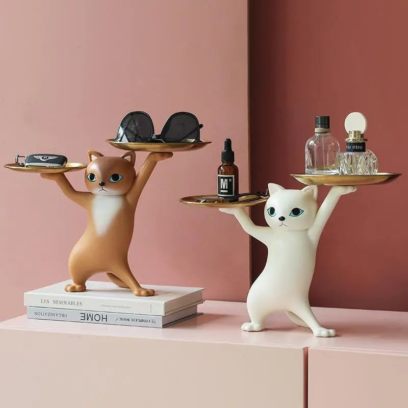 Figurine of Cat with Decorative Gold Serving Platters