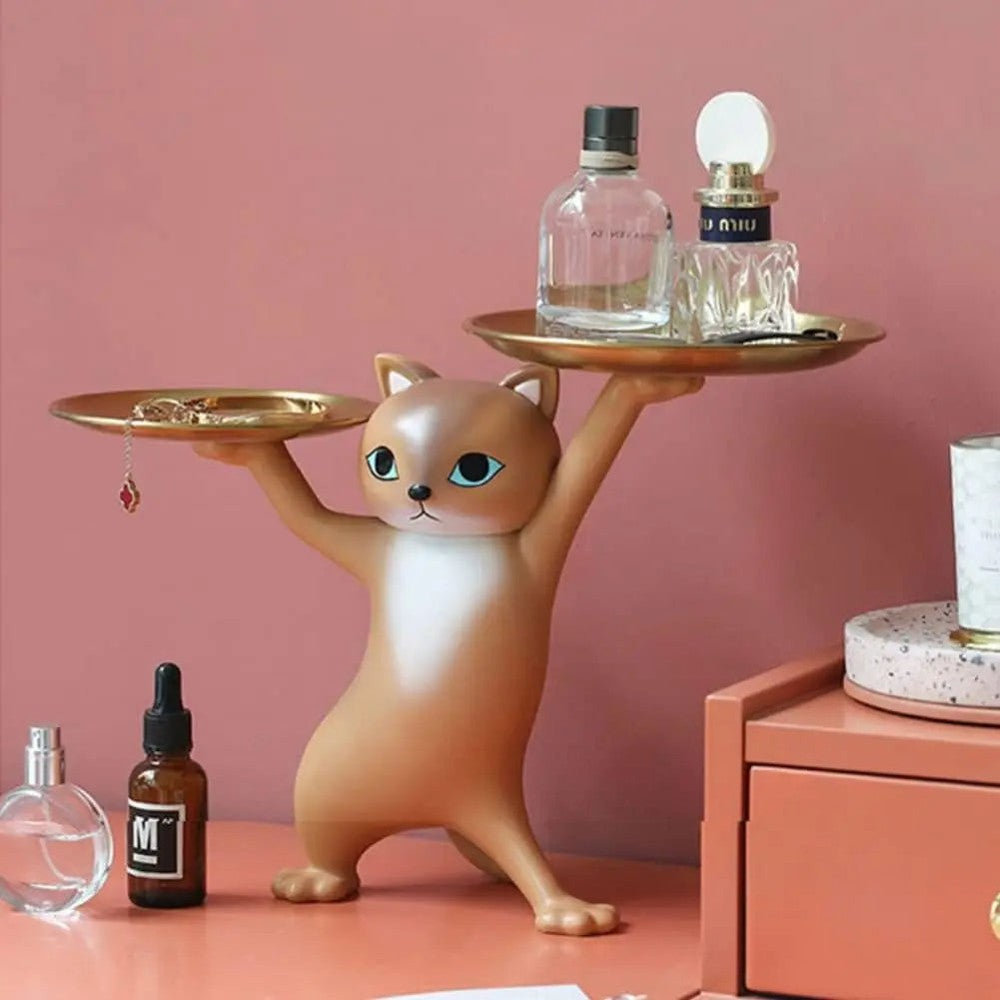 Figurine of Cat with Decorative Gold Serving Platters