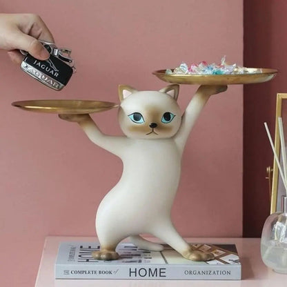 Figurine of Cat with Decorative Gold Serving Platters