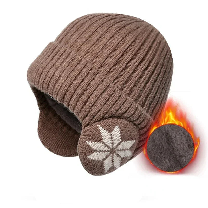 Unisex Ribbed Beanie Hat with Ear Coverage - Plush Lined Polyester Snowflake Cap, One Size