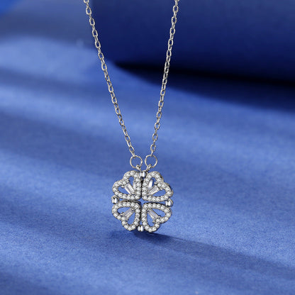 Clover Heart Pendant Necklace with Everlasting Roses & Gift Box
