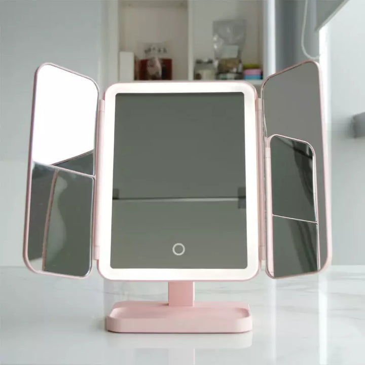Illuminated Tri-Fold Makeup Mirror with Magnification Options