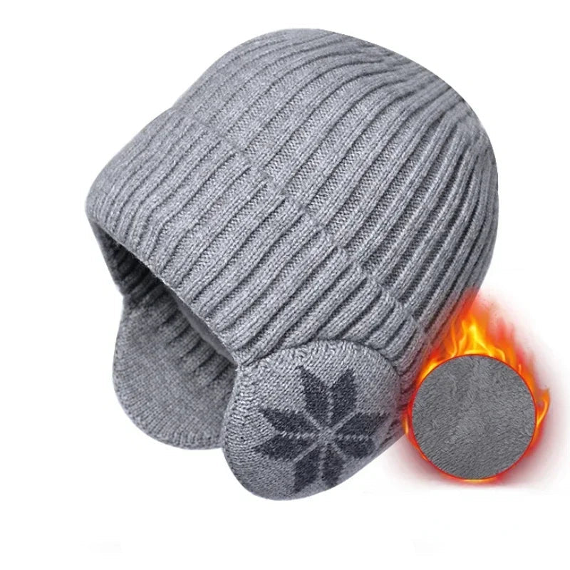 Unisex Ribbed Beanie Hat with Ear Coverage - Plush Lined Polyester Snowflake Cap, One Size