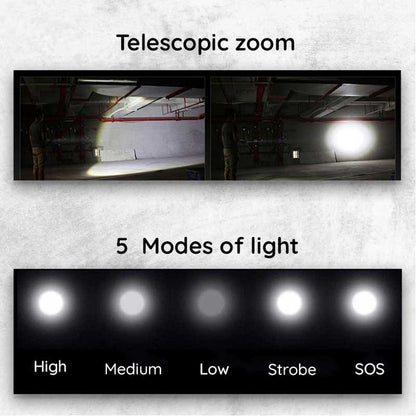 Rechargeable LED Flashlight with Telescopic Zoom, 5 Modes, IPX-6 Waterproof