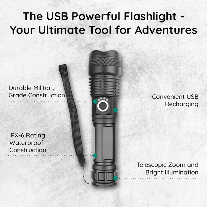 Rechargeable LED Flashlight with Telescopic Zoom, 5 Modes, IPX-6 Waterproof