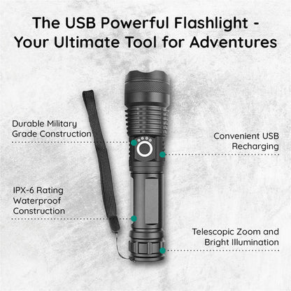 Rechargeable LED Flashlight with Telescopic Zoom, 5 Modes, IPX-6 Waterproof