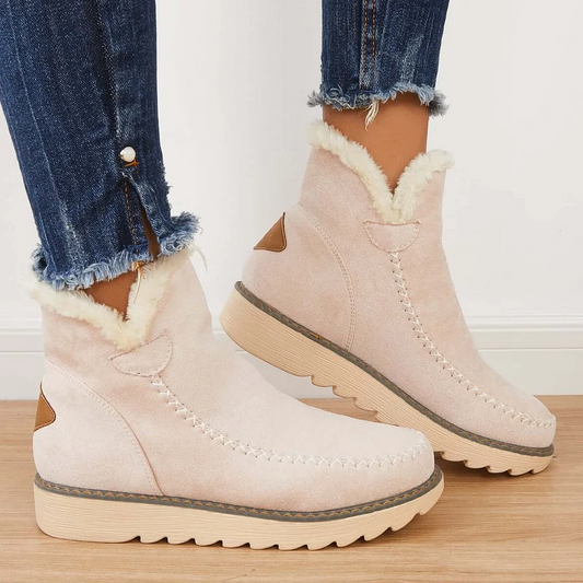 Women's Ankle Snow Boots with Warm Fur Lining and Textured Grip Sole - Available in Beige, Black, and Brown
