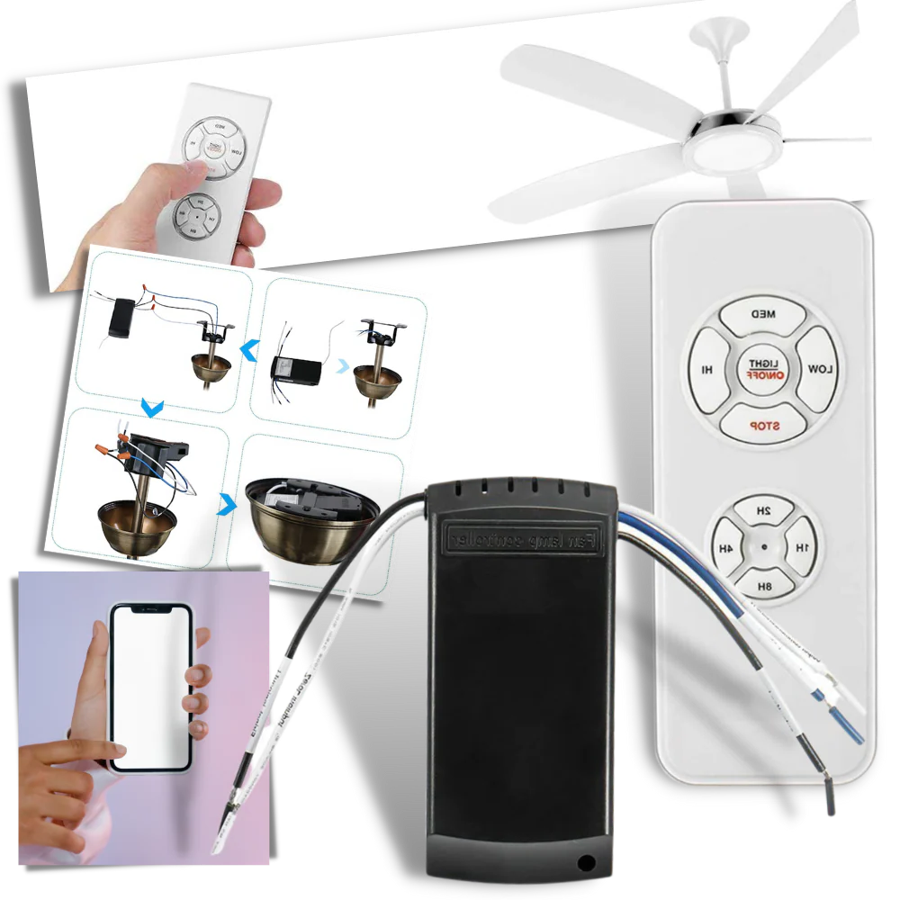 Ceiling Fan Remote Control System with Receiver and Wall Bracket - RF Speed and Light Controller for Fans and Lighting