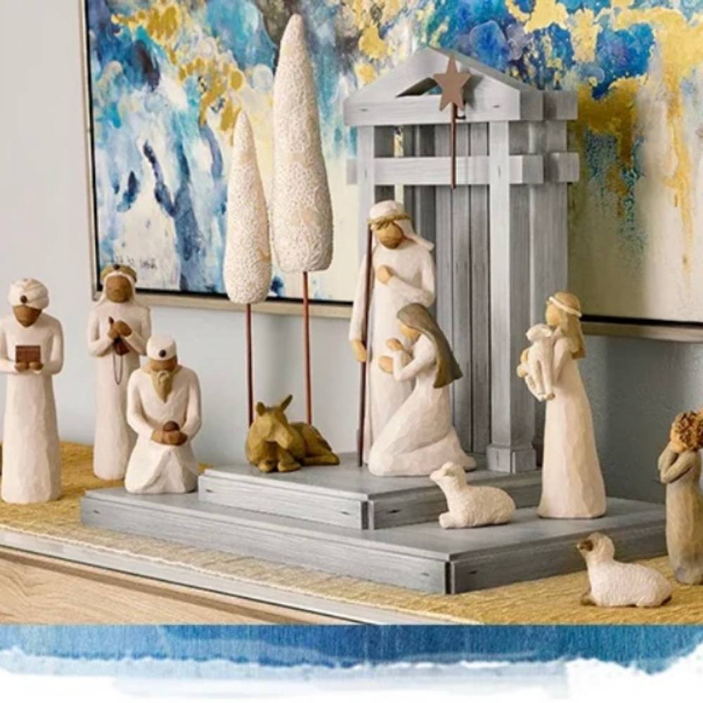Rustic Christmas Nativity Display with Wooden Creche