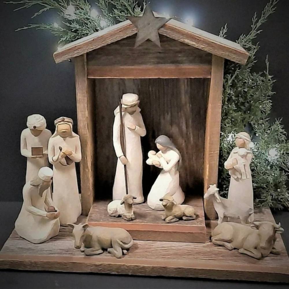 Rustic Christmas Nativity Display with Wooden Creche