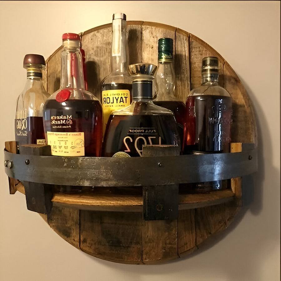 Rustic Oak Whiskey Barrel Display Shelf for Home Bars