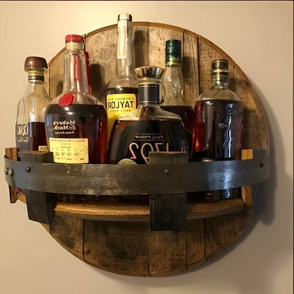 Rustic Oak Whiskey Barrel Display Shelf for Home Bars