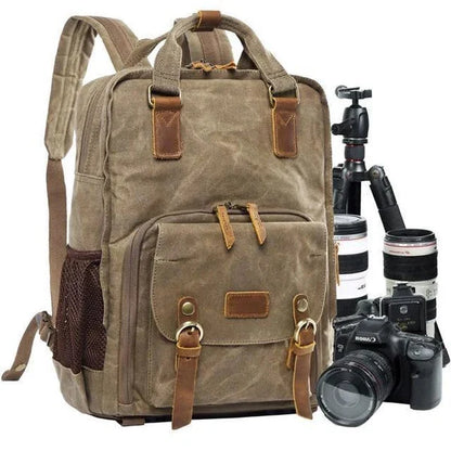 Men's Vintage Camera Backpack - Waterproof Waxed Canvas with Laptop Sleeve and Tripod Holder