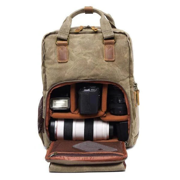 Men's Vintage Camera Backpack - Waterproof Waxed Canvas with Laptop Sleeve and Tripod Holder