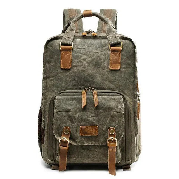 Men's Vintage Camera Backpack - Waterproof Waxed Canvas with Laptop Sleeve and Tripod Holder