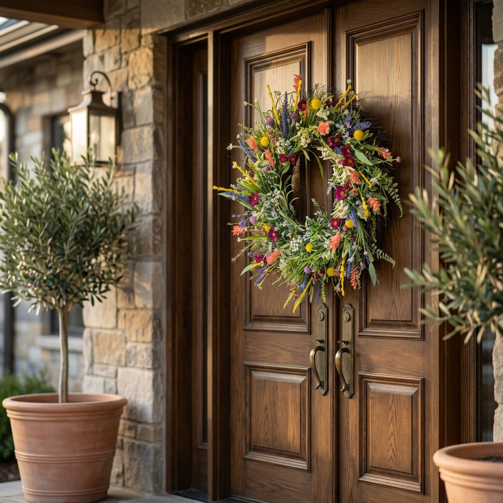 Silk Buttercup Wreath on Grapevine Base with Eucalyptus Greenery
