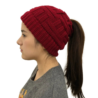 Knit Winter Hat for Women with Messy Bun Hole – Stretchy Beanie in 4 Colors