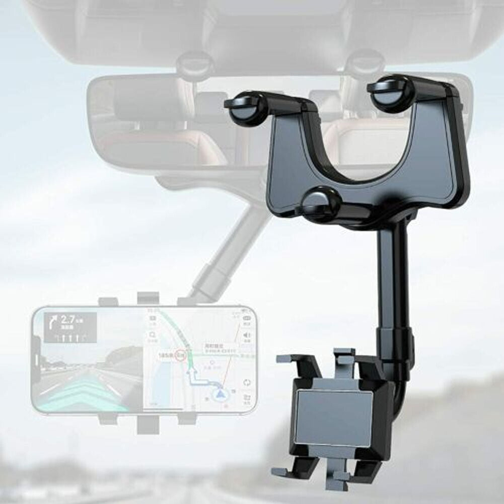 360-Degree Rotating Car Rearview Mirror Phone Mount with Retractable Arm